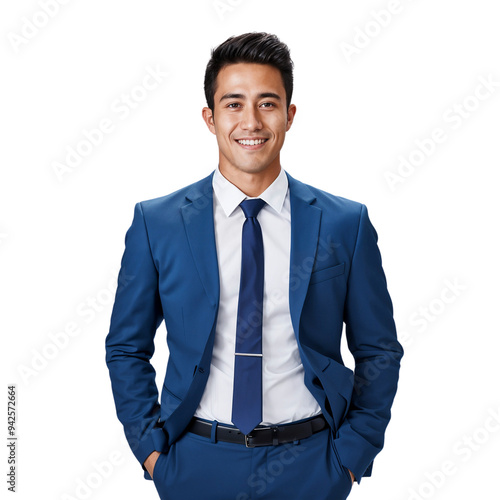 Portrait of a confident, successful, and handsome businessman in blue suit, isolated on transparent background