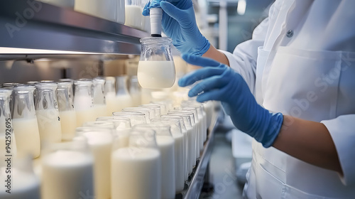 Food scientist testing milk samples of dairy products in the laboratory. Researchers are looking at the stratification of milk.