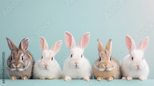 A lineup of adorable rabbits showcasing various colors, each with perky ears and curious expressions, set against a calming mint green background.