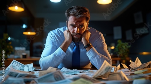 A businessman sits amidst a pile of money, displaying visible stress and concern, capturing the weight of financial burden.