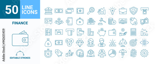 Vector finance editable stroke line icon set with money, bank, check, law, auction, exchance, payment, wallet, deposit, piggy, calculator, web and more isolated outline thin symbol