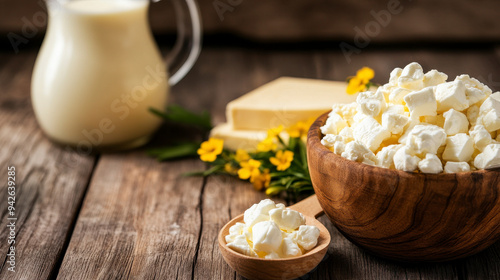 Delicious cottage cheese served in a wooden bowl, alongside milk and butter on a rustic wooden surface.