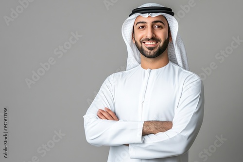 A handsome Emirati man wearing a white kandura, looking confident and smiling with his arms crossed.