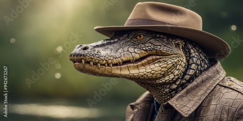 Alligator in Cowboy Hat and Trench Coat on Abstract Background.