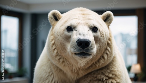 Closeup polar bear standing in a modern apartment.