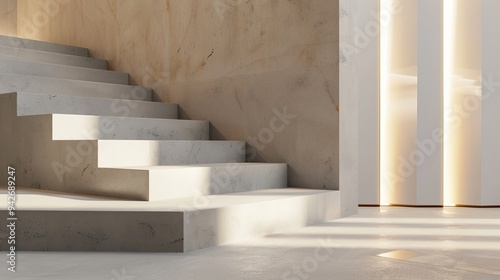 Minimalist hallway with sleek concrete steps and backlit alabaster panels, featuring deep depth of field and ample copy space.