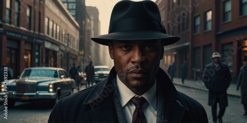 man wearing a fedora and ulster coat noir private detective african american black man mafia.