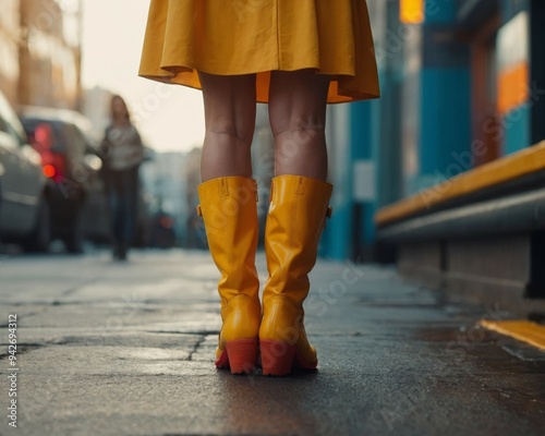 A Woman in a Vibrant Yellow Dress and Orange Boots.