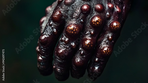 Macro view of monkeypox lesions on a dark-skinned hand in a close-up, detailed shot