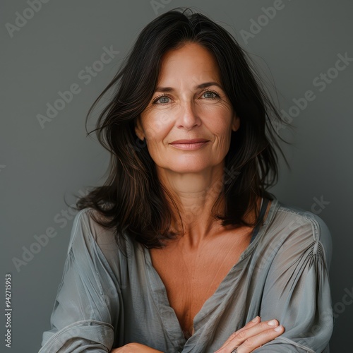 A 50-year-old brunette woman with stunning beauty, showcasing her gracefully styled hair and expressive face, radiating confidence and charm.