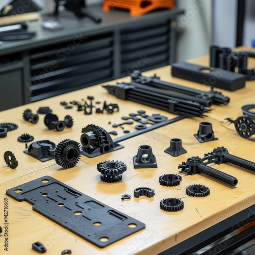 Precision Crafted: An array of intricate 3D printed parts meticulously arranged on a workbench, showcasing the detail and versatility of modern manufacturing. 