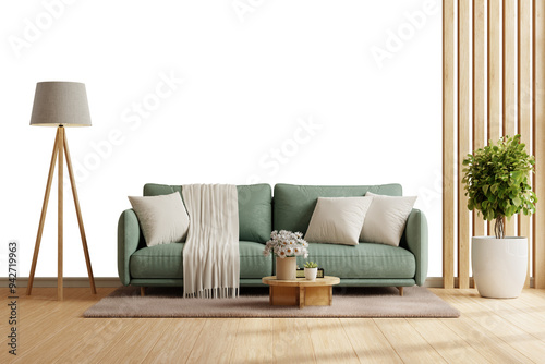 Green sofa and decor in living room on transparent background- 3D rendering