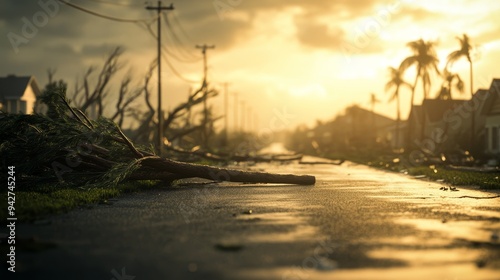 Wide-angle view of a hurricane-stricken neighborhood, fallen trees interspersed with destroyed buildings, soft natural lighting, Digital illustration, Warm earth tones.