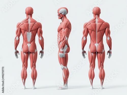 3D rendered anatomical illustration of human muscular system in three views: front, back and side.