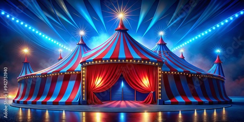 Vibrant red and blue circus tent stage with colorful lighting for a lively circus performance