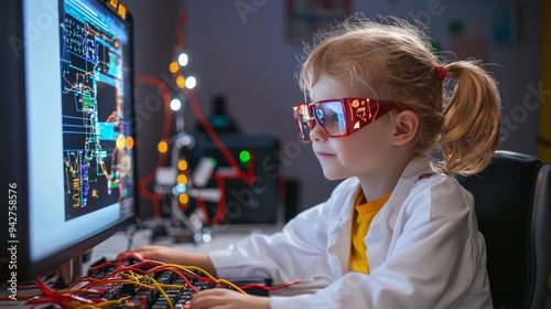 A child dressed as a machine learning scientist, analyzing toy algorithms on a pretend computer