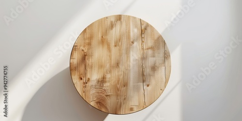 An empty white wooden round table is placed on a white wall background. The layout should be clean and simple.