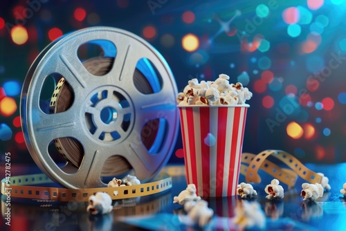 A cup of popcorn next to a vintage film reel, great for movie nights or nostalgic themes