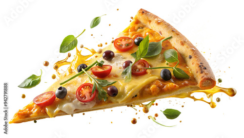 Slice of testy cheesy pizza and Flying Ingredients on a transparent background