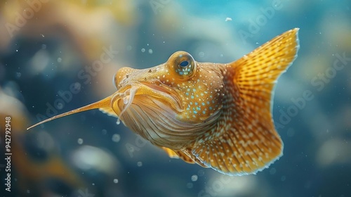 A close-up image of a colorful fish with striking blue and orange markings,