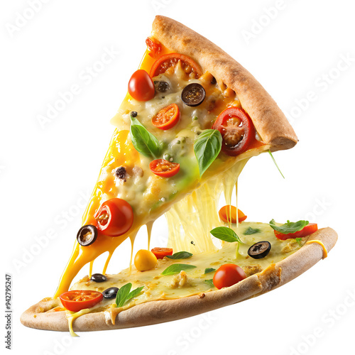 Slice of testy cheesy pizza and Flying Ingredients on a transparent background