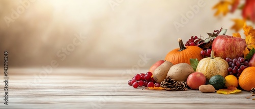 Autumn harvest display on a wooden table with pumpkins, fruits, and nuts, perfect for fall and Thanksgiving themes.