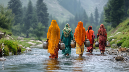 Five women wearing colorful traditional clothing are walking in a mountain river carrying water jugs