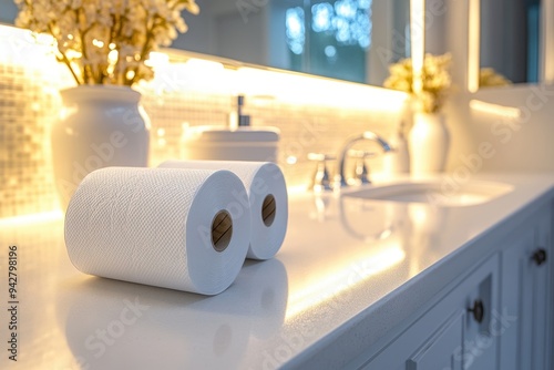 A close-up of the countertop in an elegant bathroom, featuring toilet paper rolls and soap dishes on it.