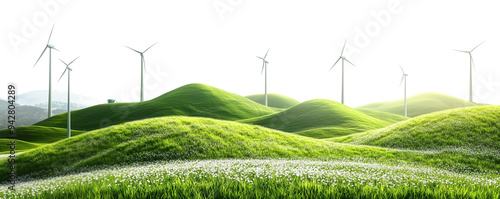 Wind turbines and grassy hills flora isolated against transparent background. Natural energy concept