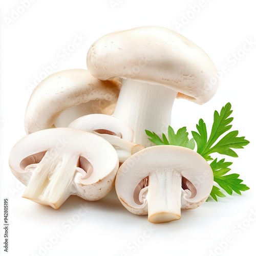 Fresh white button mushrooms with parsley on white background.