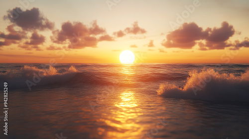 sunset over the sea, View of the sun rising over the ocean, with warm colors reflecting off the water and gentle waves crashing 