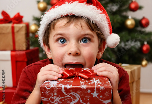 Toddler boy stressed and excited, sitting in front of the Christmas tree surrounded by presents. He holds a gift and impatiently waits for Christmas Eve, showing high expectations