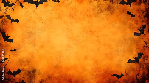 Halloween background with bats and a pumpkin on an orange textured backdrop