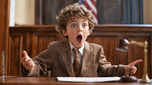 A child pretending to be a lawyer, arguing a case with toy witnesses in a pretend courtroom