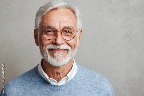 Smiling elderly man with glasses. He has a warm expression and a light blue sweater. Perfect for portraying wisdom and happiness. Suitable for health and lifestyle themes. Generative AI