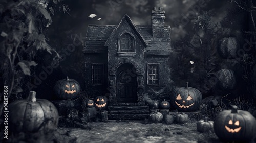 Monochrome vignette of a haunted house surrounded by Halloween decorations