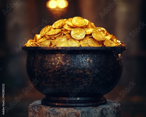 A treasure pot filled with shining gold coins, highlighting wealth and prosperity in a mystical setting.