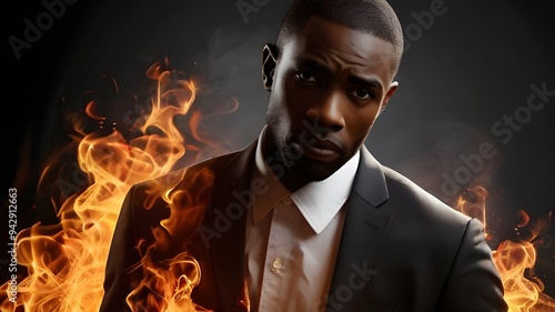 A black man's image with copy space and flames shouted