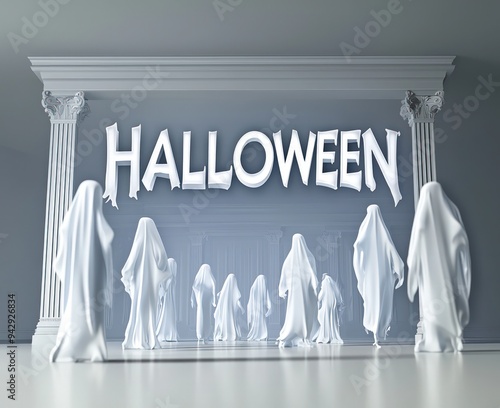 Ghostly 3D Halloween text in an old mansion with semi-transparent figures.