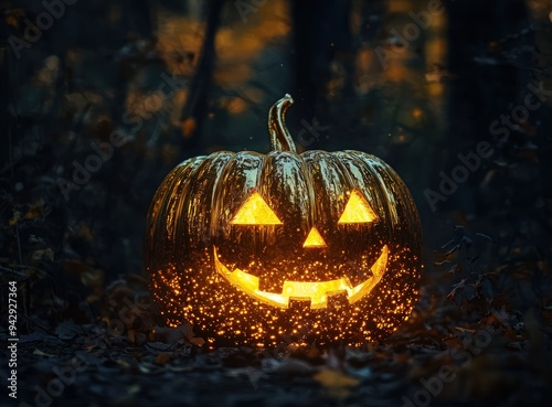 Gold pumpkin in darkness against a soft-focus creepy forest, crafted for Halloween night.