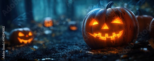 Halloween night theme with mysterious glowing pumpkins in a dark forest.