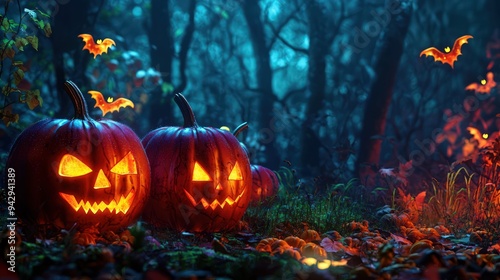 Halloween decor with glowing pumpkins against a spooky nighttime forest.