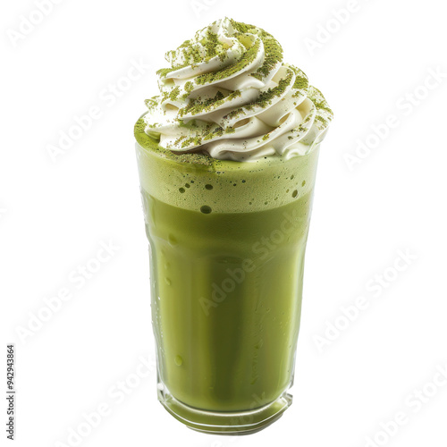 Matcha frappuccino in a glass, isolated on transparent background.