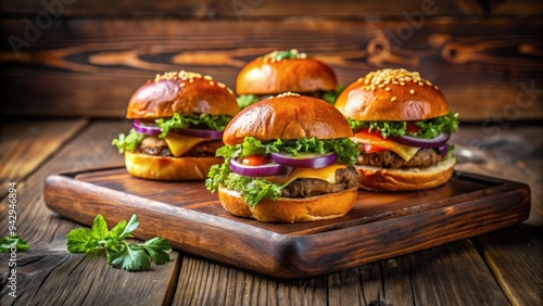 Elevated gourmet burger photography featuring unique brioche buns on wooden board plates, gourmet, indulgence