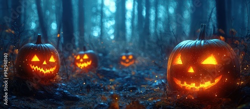 Halloween night scene with spooky glowing pumpkins in a dark forest.