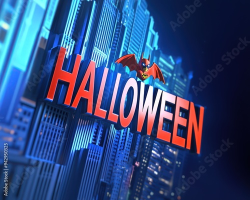 Vibrant superhero "HALLOWEEN" in a city at night, styled in dynamic 3D.