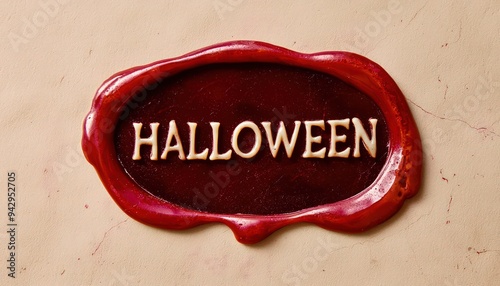 Halloween text styled like a wax seal on an ancient manuscript, deep burgundy.