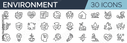 Set of 30 outline icons related to environment. Linear icon collection. Editable stroke. Vector illustration