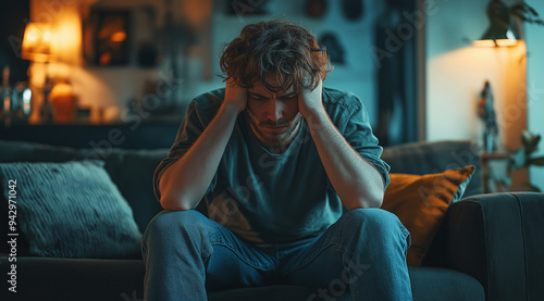 A man sitting on the couch with his head in hands, looking distressed and emotional, showing signs of anxiety or depression. The concept of emotional pain and suffering due to life events.