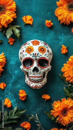 Dia de los muertos festive background with colorful sugar skull and marigold flowers top view for creative designs